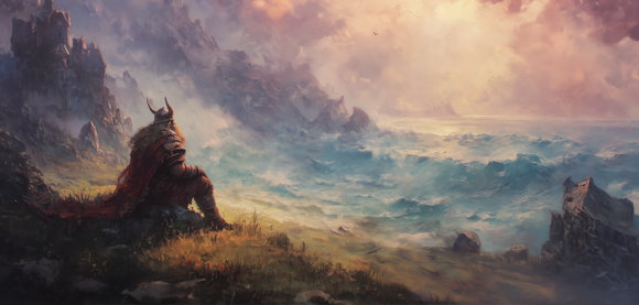 Fantasy Welt: Krieger Sitzt vor weiter Landschaft