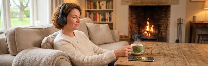 Eine Frau mittleren Alter sitzt mit Kopfhörern in einem Sessel. Sie hat eine Tasse Tee in der Hand und hört ein Hörbuch. Auf dem Tisch liegt ein Handy mit dem Hörbuchcover