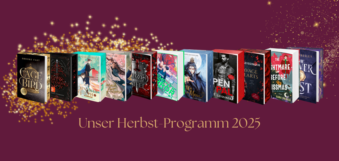Bücher des Herbst-Programms 2025 des Bramble Verlags vor dunkellila Hintergrund