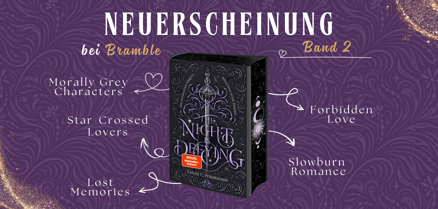 Das Bild zeigt das Buch The Night is Defying von Chloe C. Peñaranda, Band 2 der Nytefall-Trilogie. Es ist umgeben von literarischen Tropen: Morally Grey Characters, Star-Crossed Lovers, Lost Memories, Forbidden Love und Slowburn Romance