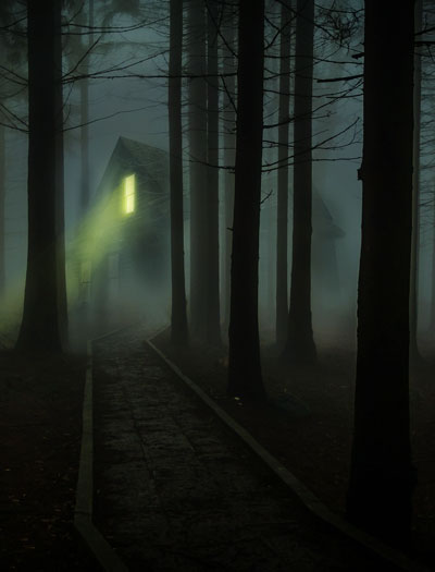 Bild eines Hauses, das in einem dunklen Wald steht