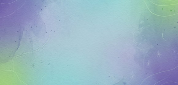 Abstrakter Aquarell-Hintergrund mit sanftem Farbverlauf in Lila-, Blau- und Grüntönen, dekoriert mit feinen, geschwungenen Linien und kleinen Sternen.