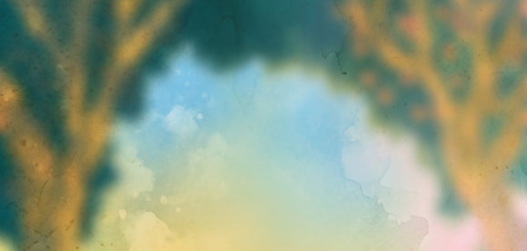 Abstraktes Aquarell-Hintergrundbild mit einem Farbverlauf von Türkis über Blau zu Gelb, flankiert von unscharfen, goldfarbenen, astähnlichen Formen.