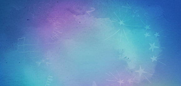 Abstrakter Aquarell-Hintergrund mit Farbverlauf in Blau-, Lila- und Grüntönen, auf dem handgezeichnete Sterne, Zahlen und Kritzeleien zu sehen sind.