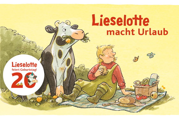Illustration der Kuh Lieselotte und eines Jungen, die auf einer Wiese ein Picknick machen, mit dem Buchtitel 