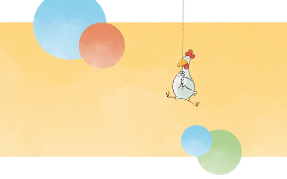 Oranger Hintergrund, im Vordergrund ein Huhn und bunte Kugeln