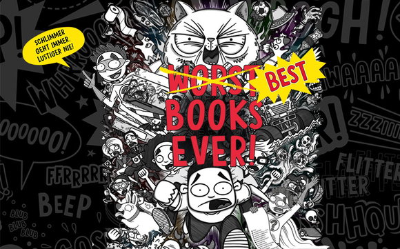 Chaotisches SW-Comic-Banner. Roter Titel 'Worst Books Ever' (Worst mit gelbem 'X' gestrichen). Gelber Stern 'Best'. Claim: Best Books Ever. Rechts: Chaos aus skurrilen Cartoon-Figuren. Gelbe Sprechblase: 'Schlimmer geht immer. Lustiger nie!'.