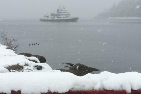 Schneebedecktes Ufer, im Hintergrund ein Schiff auf dem Wasser im Schneesturm 