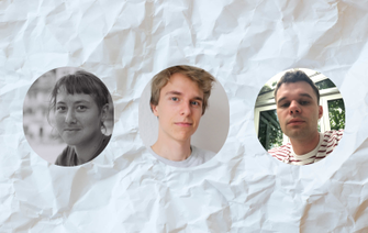 Vor einem Hintergrund aus weißem, zerknüllten Papier sind die Gesichter der drei Preisträger*innen des WORTMELDUNGEN-Förderpreises 2021 zu sehen: Melanie Sasha Berger (Wien), Samuel J. Kramer (Offenbach) und Benedikt Kuhn (Lüneburg) wurden für ihre Texte zum Thema Klimawandel ausgezeichnet.