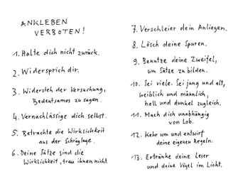 Handschriftliche Niederschrift der 13 Thesen Antje Rávik Strubels aus ihrem Essayband "Es hört nie auf, dass man etwas sagen muss".