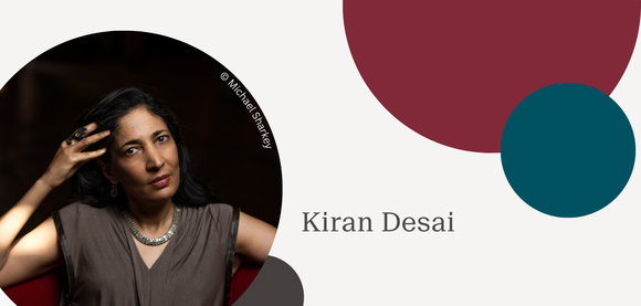 Grafik mit bunten Kreisen und einem Foto von Kiran Desai
