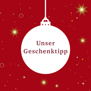 Eine weiße Christbaumkugel auf einem roten, festlichen Hintergrund mit goldenen Sternen, die den Text "Unser Geschenktipp" enthält.