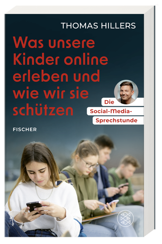 Buchcover des Ratgeber "Cover Social Media Sprechstunde". Auf dem Cover zu sehen sind Kinder mit Smartphone auf grauem Hintergrund