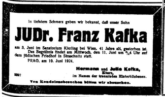 Abbildung deutsche Todesanzeige Franz Kafka