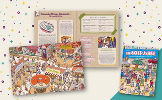Das Bild zeigt eine Collage aus dem Cover vom Wimmelbuch "Die 80er Jahre - Das große Wimmelbuch von Walkman bis Wimbledon" und zwei Innenseiten. Im Hintergrund sind farbige Kreise zu sehen