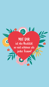 Herz und Blumen mit Spruch vor blauem Hintergrund
