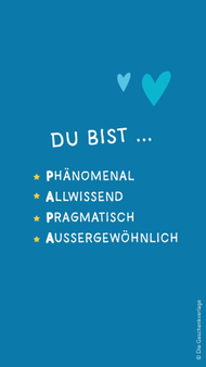 Wallpaper zum Vatertag mit dem Spruch "Du bist Phänomenal, Allwissend, Pragmatisch, Außergewöhnlich" auf blauem Hintergrund