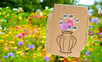 Blumenwiese und Karton zum Blumensammeln in einer geziechneten Vase