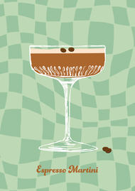 Gezeichneter Espresso Martini Cocktail vor grünkariertem Hintergrund