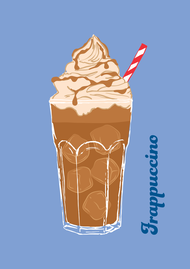 Gezeichneter Frappucino mit rot-weißem Strohhalt vor blauem Hintergrund. Seitlich steht Frappucino ausgeschrieben.