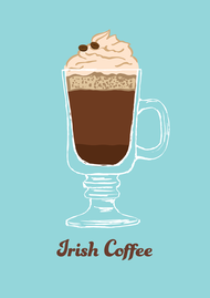 Gezeichneter Irish Coffee vor türkischem Hintergrund. Unten steht in braun "Irish Coffee" ausgeschrieben.