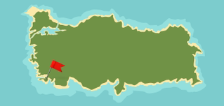 Simpel illustrierte Karte von einer Insel mit einer roten Fahne an einem Zielort