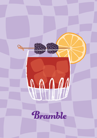 Illustrierte Abbildung eines Bramble Cocktails vor einem lila-grau kariertem Hintergrund