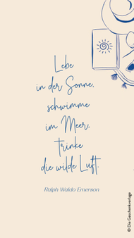 beiger Hintergrund mit blauer feiner Schrift (Zitat) und kleinen sommerlichen Illustrationen in der oberen rechten Ecke