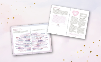 Zwei Innenseiten von "Writing Romance" vor rosanem Hintergrud und goldenen Sprenkeln
