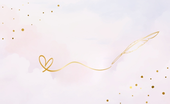 Goldene geschwungene Linie, die in eine goldene Feder führt, rosa hintergrund mit goldenen Sprenkeln