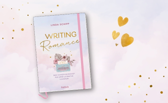 Cover-Abbildung von "Writing Romance und goldene Herzchen vor rosa Hintergrund