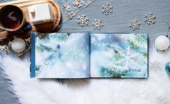 Aufgeschlagenes Buch "My frozen Memories" im weihnachtlichen Setting passend zum Buchcover