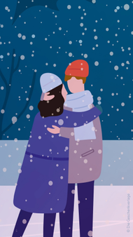 Illustration eines Paares, das sich im Freien umarmt, während es schneit und beide warme Kleidung tragen.