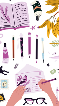 Vertikale Illustration eines Creative Writing-Themas mit aufgeklapptem Notizbuch, Schreibutensilien, Farbtuben, Pflanzen und Händen, die eine Postkarte beschriften.