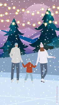 Illustration einer dreiköpfigen Familie, die bei Schneefall und Lichterketten auf einer Eisfläche Schlittschuh läuft, im Hintergrund Tannenbäume und Berge.