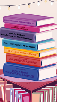 Illustration eines hohen Stapels klassischer Weihnachtsbücher, wie z.B. "Eine Weihnachtsgeschichte" von Charles Dickens und "Briefe vom Weihnachtsmann" von J.R.R. Tolkien, auf einem Bücherregal.