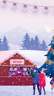 Illustration einer verschneiten Winterlandschaft mit einem beleuchteten Weihnachtsbaum und einem Bücherstand, an dem ein Paar vorbeigeht.