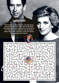 Hintergrundbild ist Prinzessin Diana mit damals noch Prince Charles III, im Vordergrund ein Labyrinth Rätsel