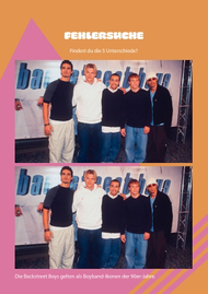 rosa orangener Hintergrund mit zwei Bildern von den BAckstreet Boys für ein Suchspiel im Vordergrund