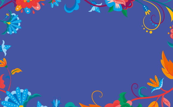Ein Querformat-Banner mit einem kräftigen blauen Hintergrund, der von einem umlaufenden Rahmen aus illustrierten, mexikanisch inspirierten Blumen und Ranken in leuchtenden Farben wie Rot, Gelb und Türkis eingefasst ist.