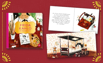Präsentation des illustrierten Buchs „Frida Kahlo – Ein Leben in allen Farben“. Das Bild zeigt das farbenfrohe Cover sowie zwei aufgeschlagene Innenseiten mit kunstvollen Illustrationen aus dem Leben der Künstlerin und handgeschriebenem Begleittext auf dunkelrotem Hintergrund.