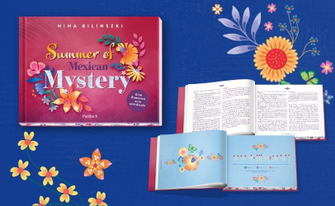 Präsentation des Miträtsel-Romans „Summer of Mexican Mystery“ von Nina Bilinszki. Neben dem pinkfarbenen Cover mit floralen Elementen sind aufgeschlagene Innenseiten mit Text sowie eine Rätselseite mit Streichholz-Gleichungen vor einem dunkelblauen Hintergrund zu sehen.