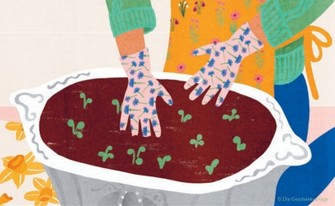 Illustration von einer Person, die etwas in einem Hochbeet anpflanzt
