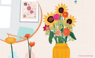Illustration von einer gefüllten Blumenvase auf einer Kommode. Es ist ein illustierter Spiegel und weitere Pflanzen zu sehen.