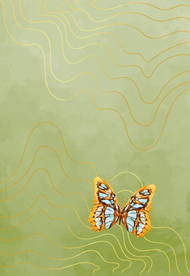 grüner Hintergrund, goldene Wellenlinien und bunter Schmetterling unten rechts