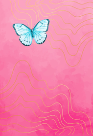 Pinker Hintergrund, goldene Wellenlinien und ein blauer Schmetterling oben links