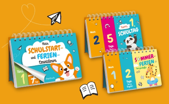 Tisch-Aufstellkalender mit Spiralbindung auf gelbem Hintergrund. Der Hauptaufsteller trägt den Titel „Mein Schulstart- und Feriencountdown“ und zeigt einen fröhlichen Hund. Die beiden Innenseiten des Aufstellers zeigen, wie die Tage bis zum „1. Schultag“ (mit Panda-Motiv) oder bis zu den „Sommerferien“ (mit Giraffe) heruntergezählt werden können.