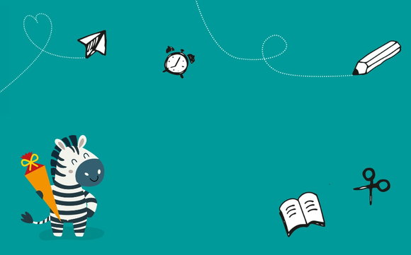 Ein breites, illustriertes Banner zum Thema Schulanfang auf türkisfarbenem Hintergrund. Auf der linken Seite steht ein niedliches, lächelndes Zebra, das eine orangefarbene Schultüte mit roter Schleife im Arm hält. Auf der rechten Hälfte sind schlichte, schwarze Strichzeichnungen von typischen Schulutensilien verteilt: ein Wecker, ein Papierflieger, ein Bleistift, ein aufgeschlagenes Heft und eine Schere. Gestrichelte Linien deuten Flug- und Schreibbahnen an.