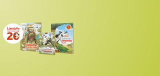 Grüner Hintergrund auf dem 3 Bücher von der Kuh Lieselotte zu sehen sind + ein Button mit dem Hinweis auf das 20-Jährige Jubiläum