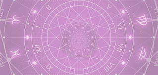 Heller lila Hintergrund mit astrologischer Radix-Struktur. Enthält römische Zahlen und Sternzeichen-Symbole mit leuchtenden Sternen.